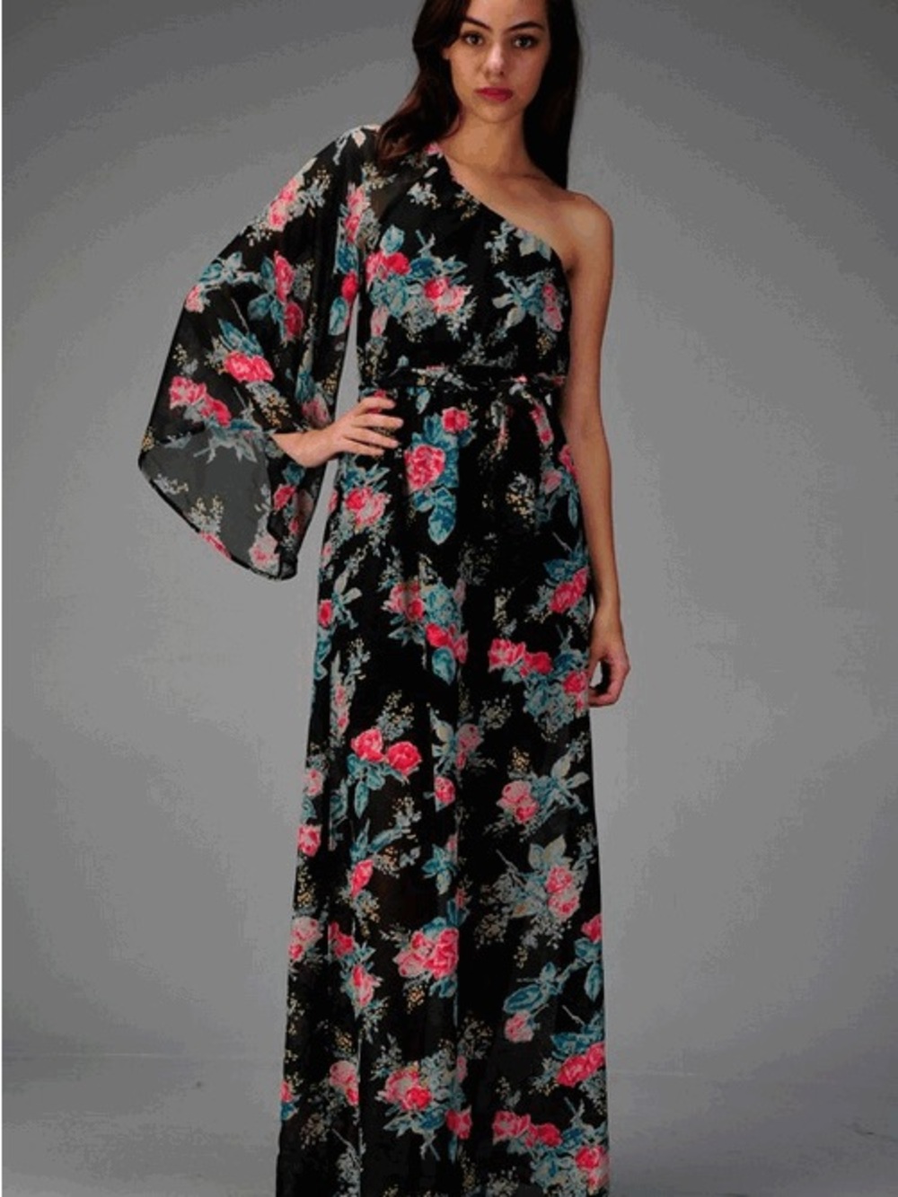 One-Shoulder Black Floral Maxi Dress - Pink & Teal Flowers